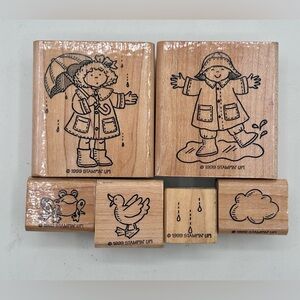 Stampin' Up 1999 Rainy Days Wood Base Rubber Stamp Set Umbrella Duck Frog Used